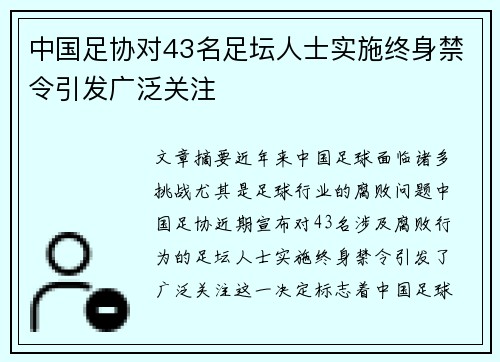中国足协对43名足坛人士实施终身禁令引发广泛关注 中国足协对43名足坛人士实施终身禁令引发广泛关注
